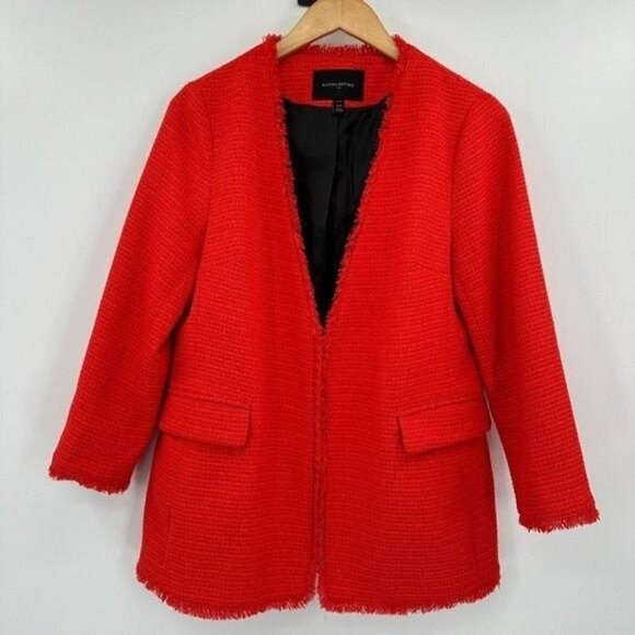 Banana Republic Red Textured Lined Fringe Oversized Love Medium Petite Blazer - Picture 3 of 8
